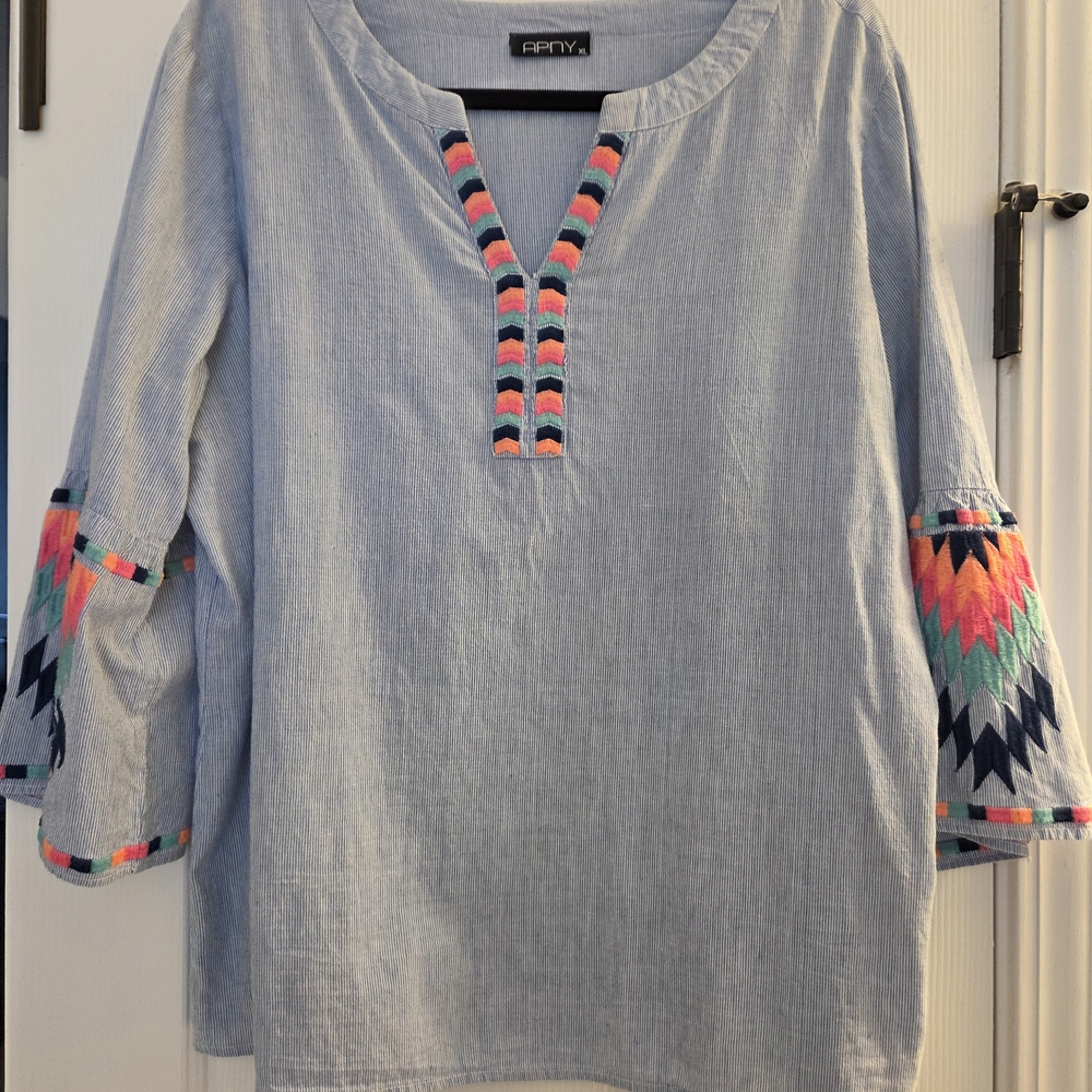 Boutique Light Blue Tunic with Colorful Embroidery